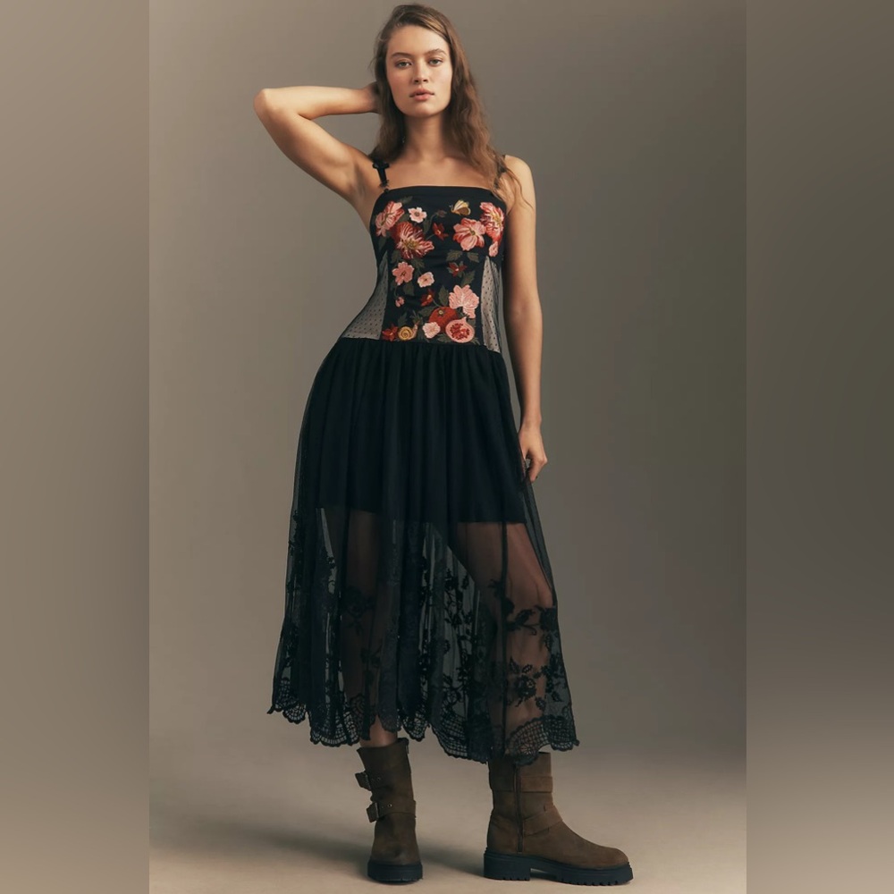 Maeve Sleeveless Corset Twofer Sheer Midi Dress